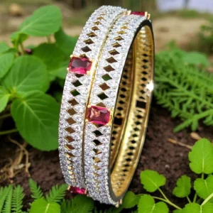 Gold & Silver Toned Maroon Cubic Zircon Bangles SN-330
