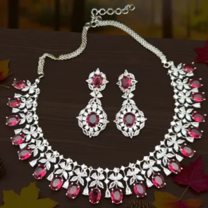 Rhodium Plated Maroon Cubic Zircon Necklace Set SN-280