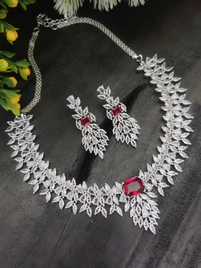 Rhodium Maroon Cubic Zircon Necklace Set SN-270