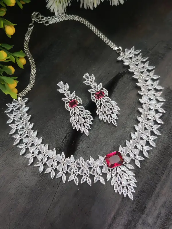 Rhodium Maroon Cubic Zircon Necklace Set SN-270