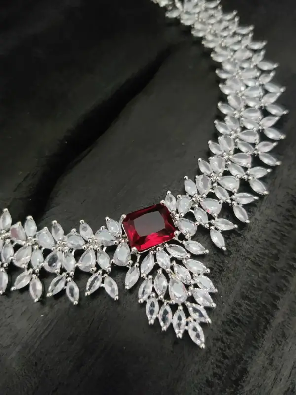 Rhodium Maroon Cubic Zircon Necklace Set SN-270 - Image 3
