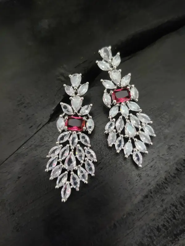 Rhodium Maroon Cubic Zircon Necklace Set SN-270 - Image 2