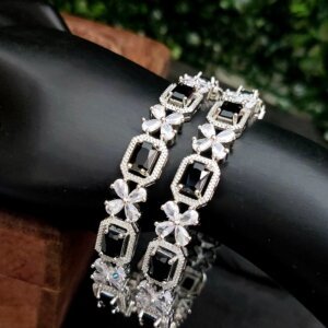 American Diamond black stone floral bangles set pack of 2