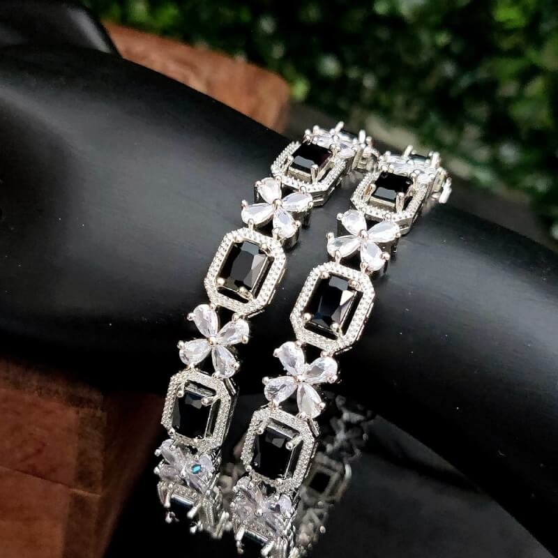 American Diamond Black Stone Floral Bangles Set – Pack of 2