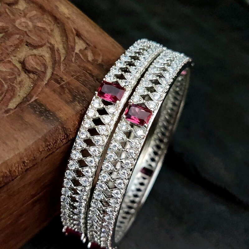 American Diamond Ruby Leaf Bangles Set – Pack of 2