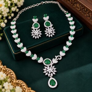 Silver-Toned Green Emerald-Style Necklace Set with Matching Earrings