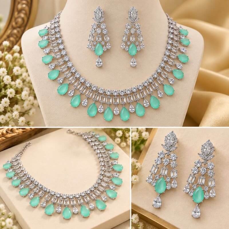 American Diamond Mint Green Necklace Set