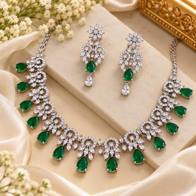 American Diamond Green Necklace Set