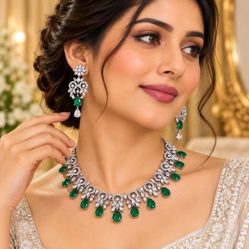 American Diamond Green Necklace Set - Image 2
