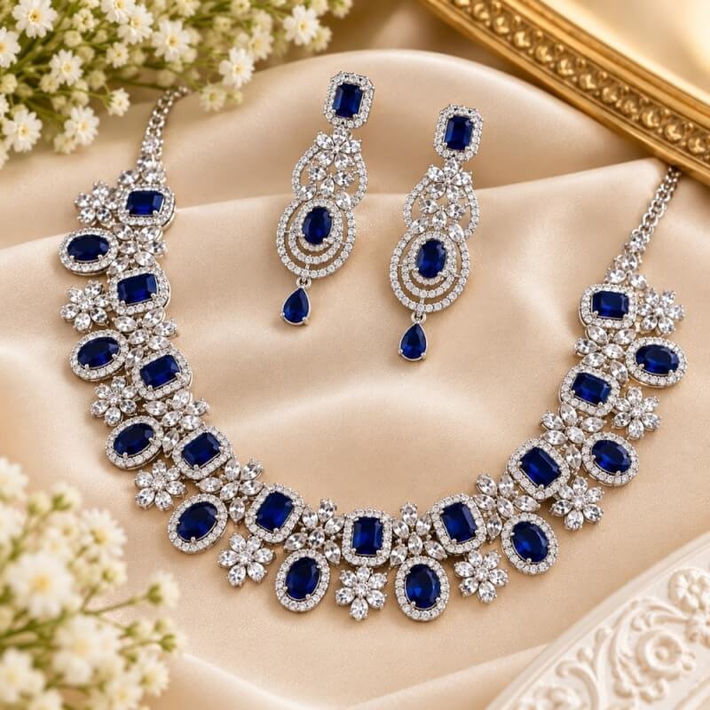 American Diamond Blue Necklace Set