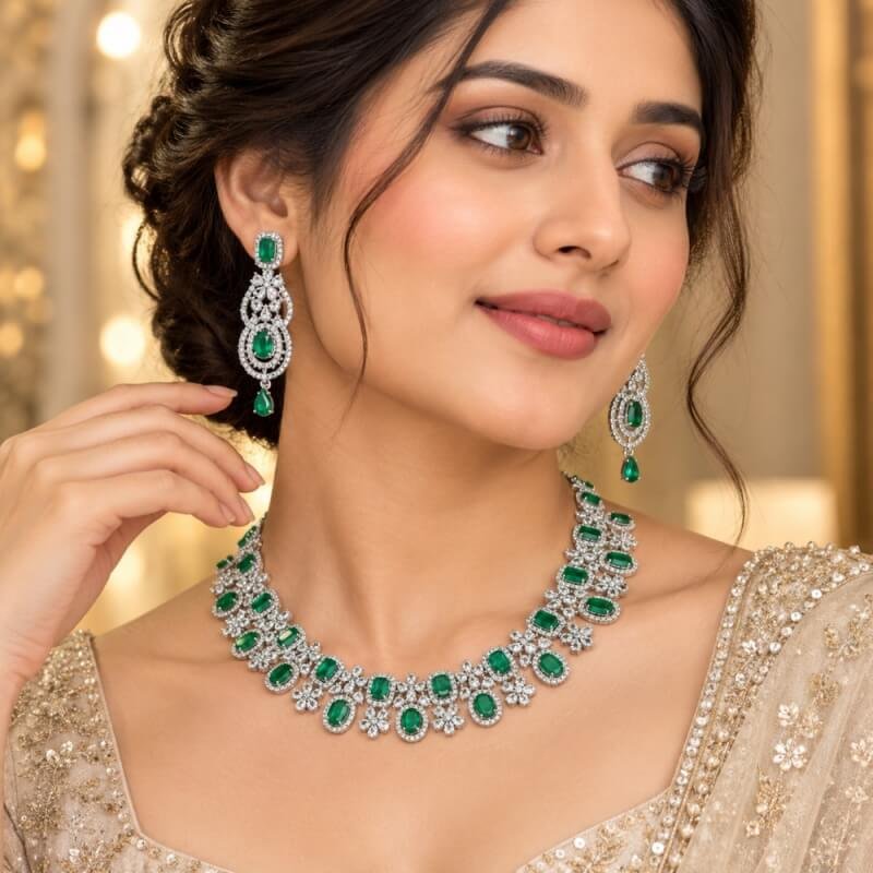 American Diamond Green Necklace Set - Designer